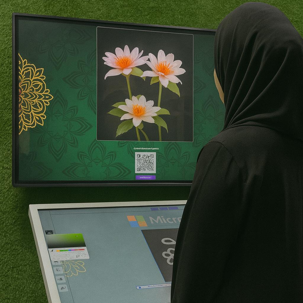 Guest using interactive screen for real-time AI painting at Dubai event, creating digital artwork with immersive technology experience by Mirror Booth Dubai